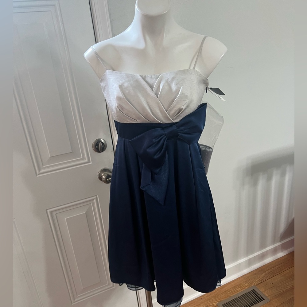 Elegant Navy and Silver Midi Dress with Bow and Shawl